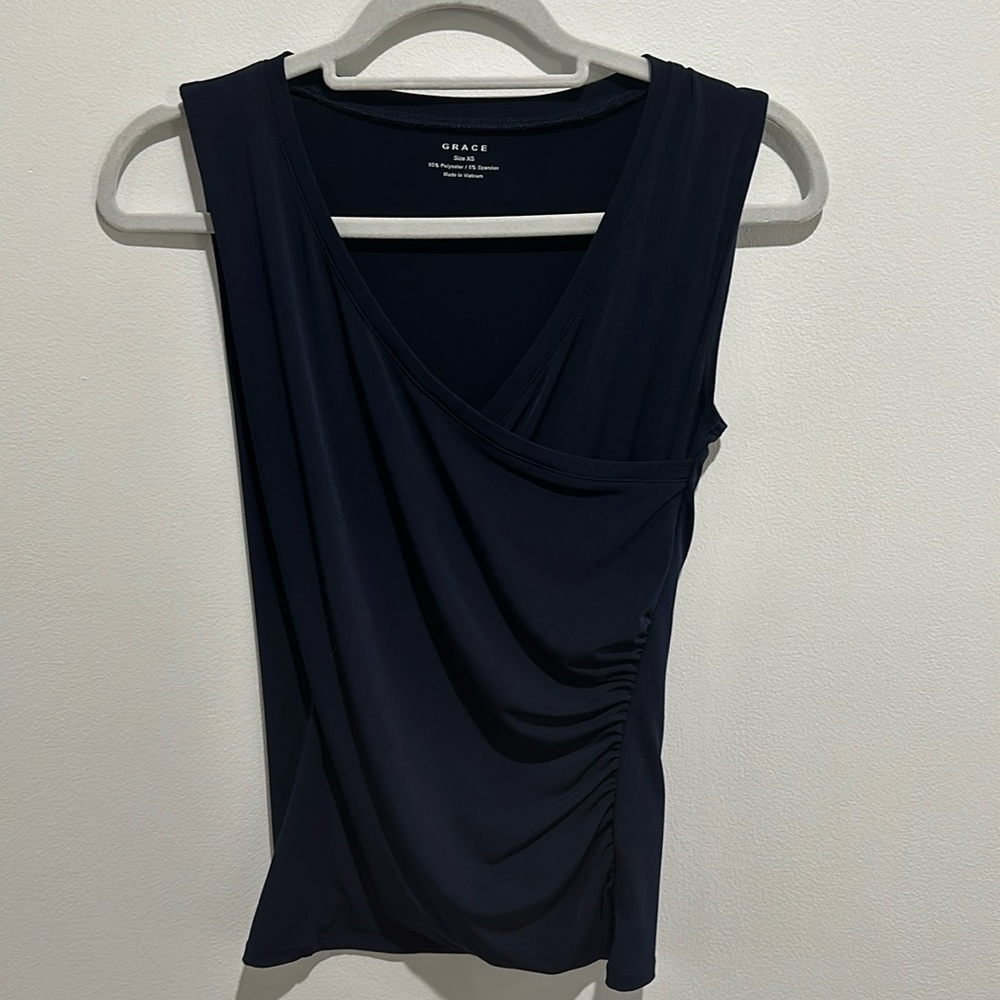 Grace Navy Wrap-style top, size XS
